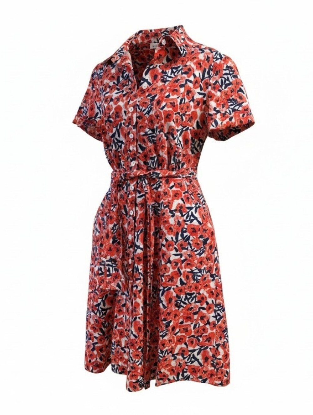 1901 Red Floral Button-Front Cottagecore Midi Shirt Dress with Tie Waist S - Picture 1 of 5